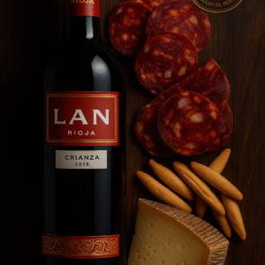 lote gourmet regalo Rioja Tradición con vino LAN Rioja, queso curado Los Cameros, chorizo ibérico de bellota y picos artesanos