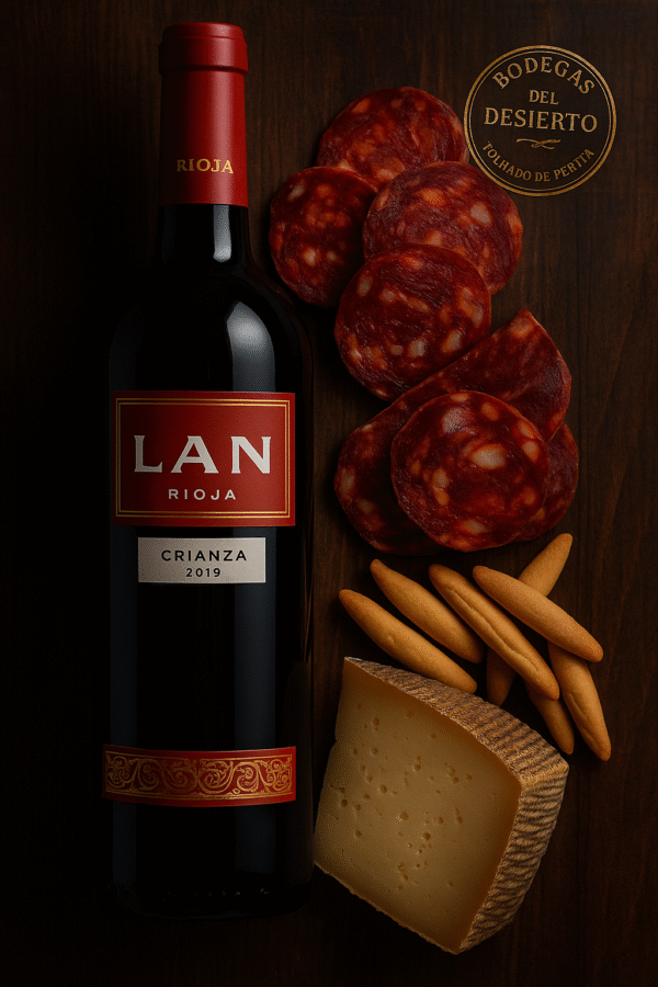 lote gourmet regalo Rioja Tradición con vino LAN Rioja, queso curado Los Cameros, chorizo ibérico de bellota y picos artesanos