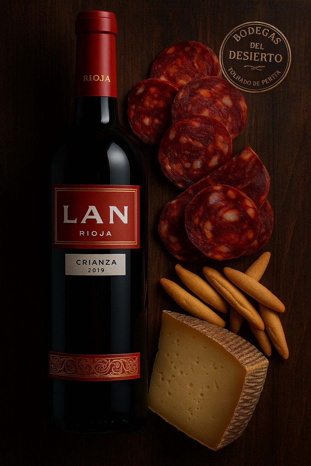 ChatGPT Image 26 oct 2025, 20_06_46 lote gourmet regalo Rioja Tradición con vino LAN Rioja, queso curado Los Cameros, chorizo ibérico de bellota y picos artesanos