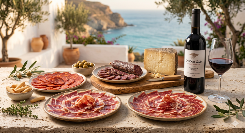 Pack Cabo de Gata con jamón ibérico, embutidos ibéricos, queso curado y vino de Almería
