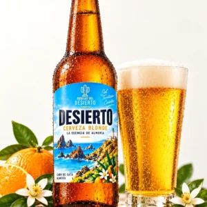 Botella de cerveza DESIERTO Blonde 6,5%, con naranja y azahar, etiqueta azul, marca de Almería