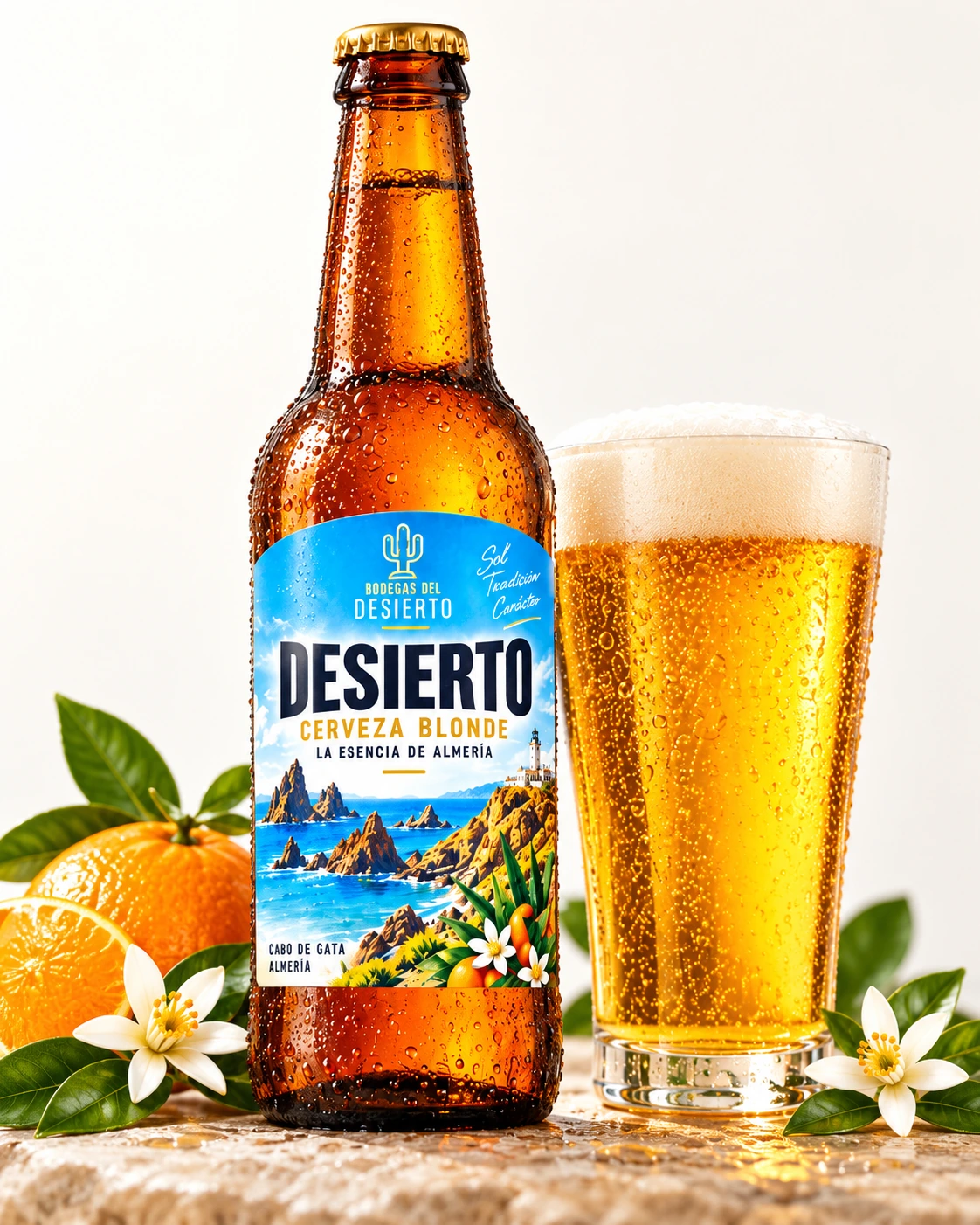 Cerveza DESIERTO Blonde 6,5% con naranja y azahar Botella de cerveza DESIERTO Blonde 6,5%, con naranja y azahar, etiqueta azul, marca de Almería