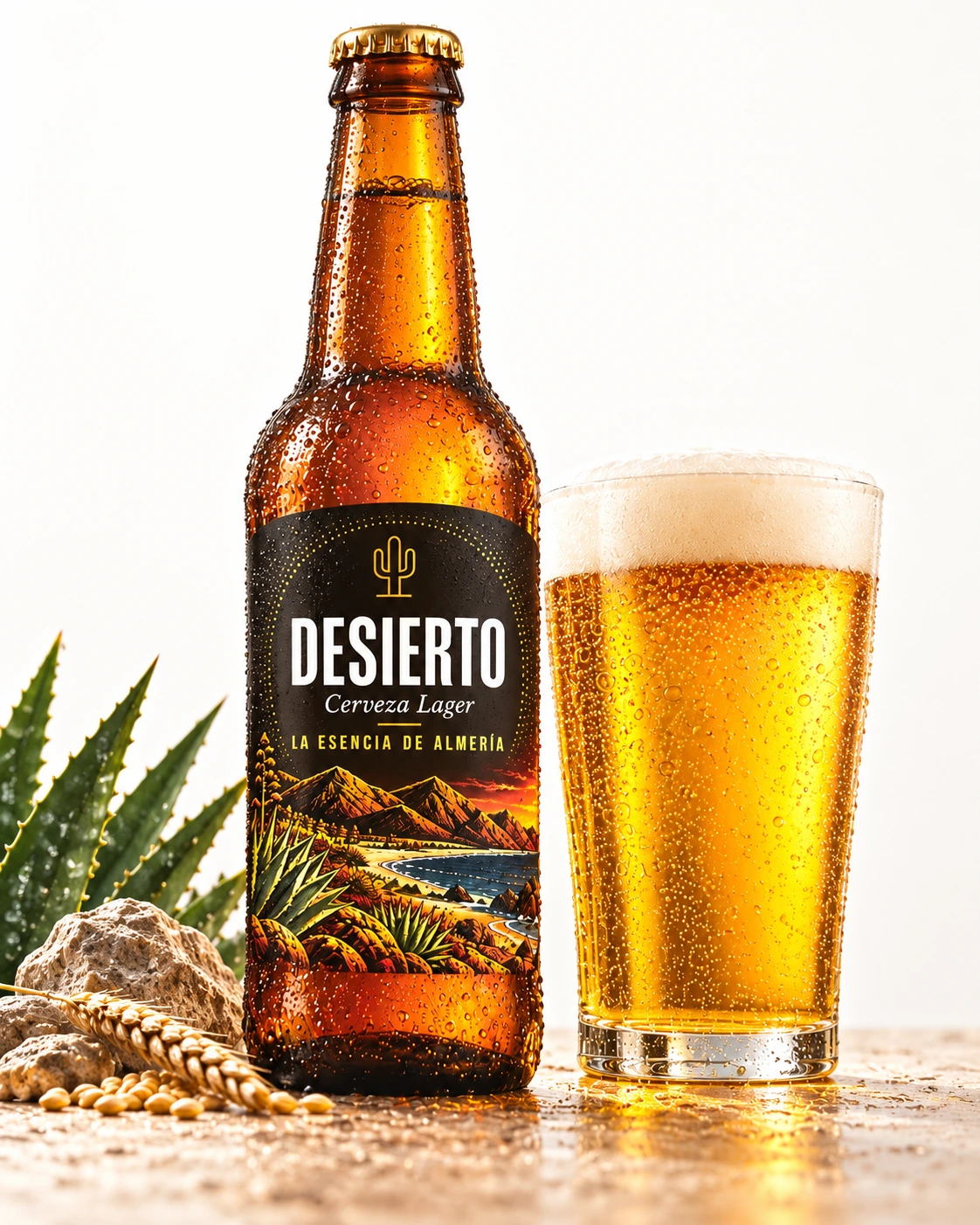 Botella de cerveza DESIERTO Lager 5,1% con etiqueta negra, marca almeriense Bodegas del Desierto