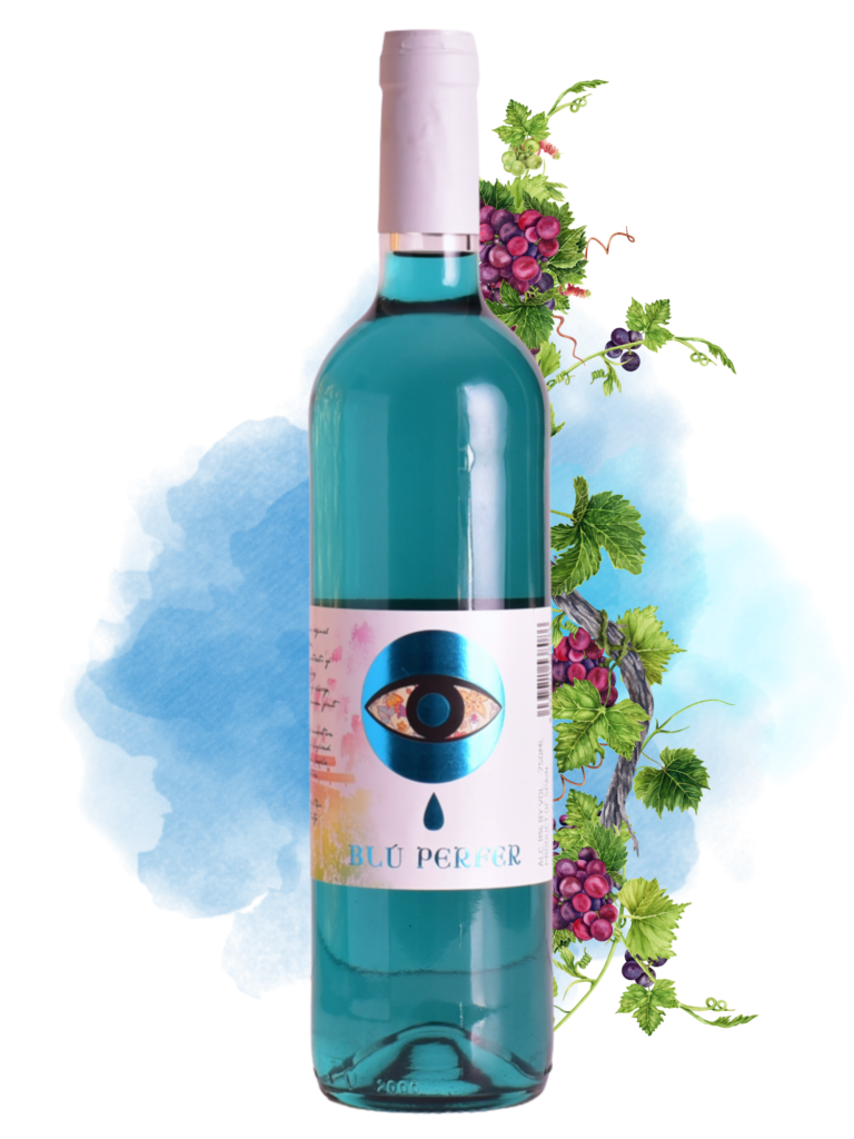 Botella de Blue Perfer, vino blanco azul de Almería, 11% vol.