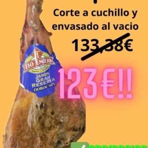 Jamón Duroc Tío Emilio de Almería cortado a cuchillo y envasado al vacío.