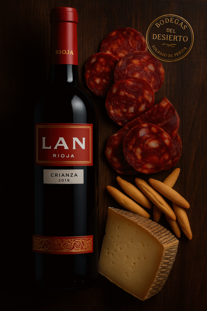 lote gourmet regalo Rioja Tradición con vino LAN Rioja, queso curado Los Cameros, chorizo ibérico de bellota y picos artesanos